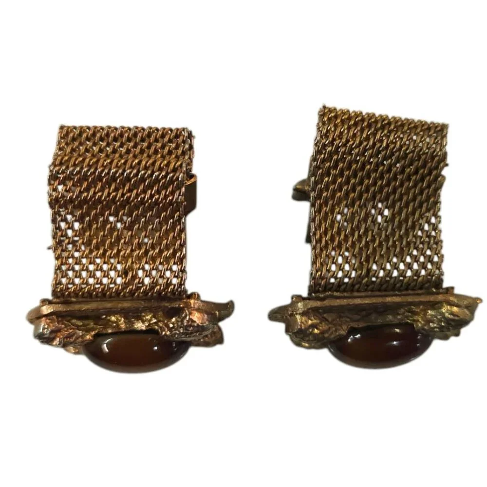 Vintage Cats Eye Chainmail Cufflinks Rectangle Bronze Tone Men Brown MCM Jewelry